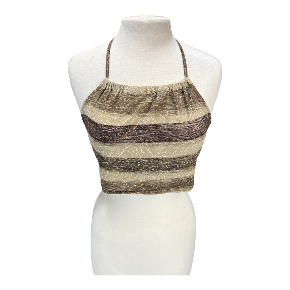 Double Decker Cotton Halter Crop Top Brown Striped Boho Free Size Made in India